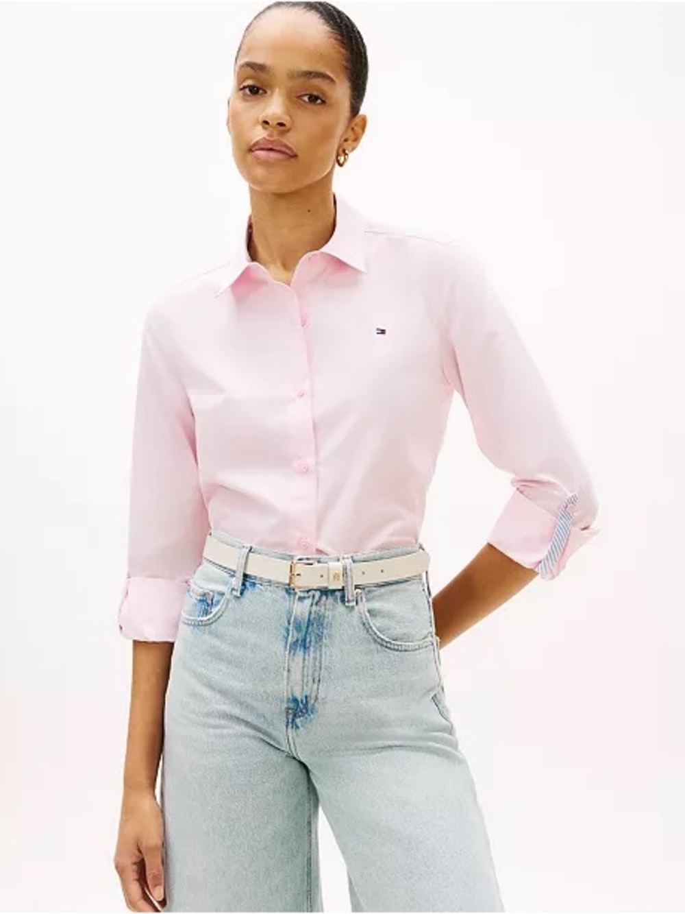 LIKENEW Tommy Hilfiger White in Pink Stripes Button-Down Cotton Shirt, XXS